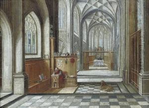 A Gothic Church Interior With Saint Jerome Oil Painting by Hendrick van, the Younger Steenwyck