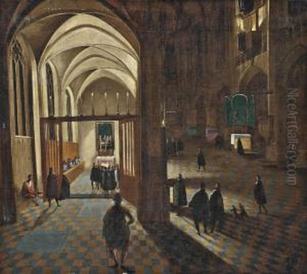 A Gothic Church Interior With Mass Being Held In A Side Chapel Oil Painting by Hendrick van, the Younger Steenwyck