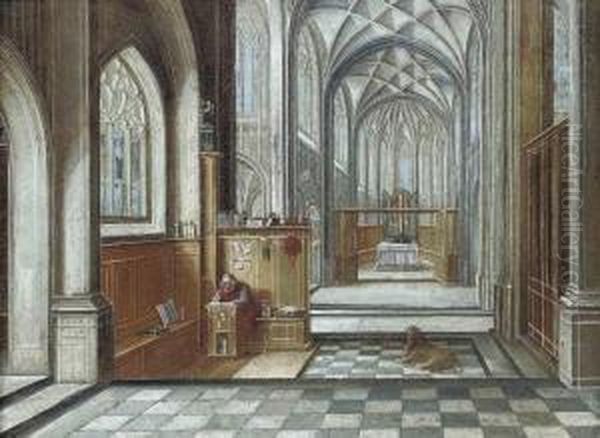 A Gothic Church Interior With Saint Jerome Oil Painting by Hendrick van, the Younger Steenwyck