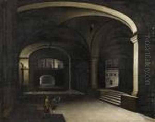 Basement Vault With Two Figures. Oil Painting by Hendrick van, the Younger Steenwyck