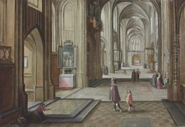 The Interior Of A Gothic Cathedral, With Elegant Figures Oil Painting by Hendrick van, the Younger Steenwyck