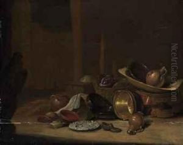 Cabbages In A Basket, A Strainer And An Earthenware Jug In A Woodenwashtub On A Barrel, With Copper Buckets, Pots And Pans, Awesterwald Stoneware Jug, A Shoe And A China Plate Nearby, In Abarn Oil Painting by Pieter van Steenwyck