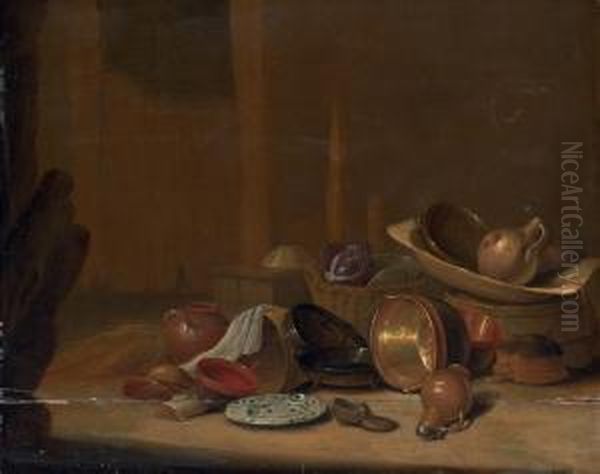 Cabbages In A Basket, A Strainer And An Earthenware Jug In A Wooden Washtub On A Barrel, With Copper Buckets, Pots And Pans, A Westerwald Stoneware Jug, A Shoe And A China Plate Nearby, In A Barn Oil Painting by Pieter van Steenwyck