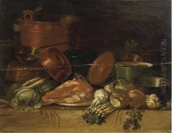 Copper Pots And Pans, Onions, Asparagus, Cabbage And A Pig's Headon A Table; And Copper Pots And Pans, Parsnips, Turnips, Cabbageand Meat On A Table Oil Painting by Pieter van Steenwyck