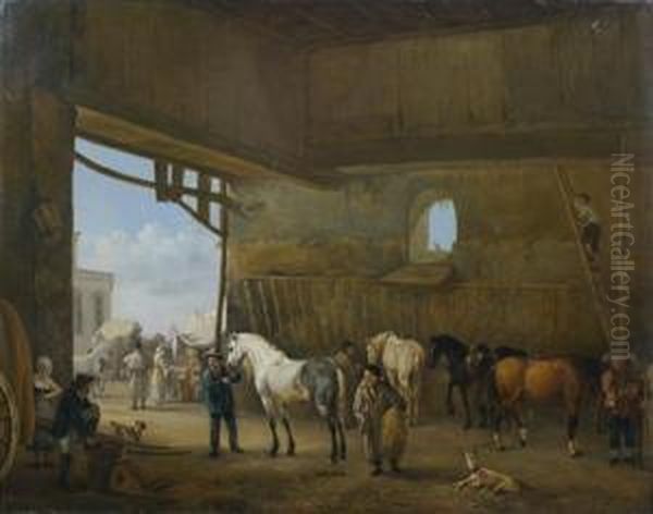 Interieur D'ecurie Anime De Chevaux Et Palefreniers Oil Painting by Bruno I Van Straaten