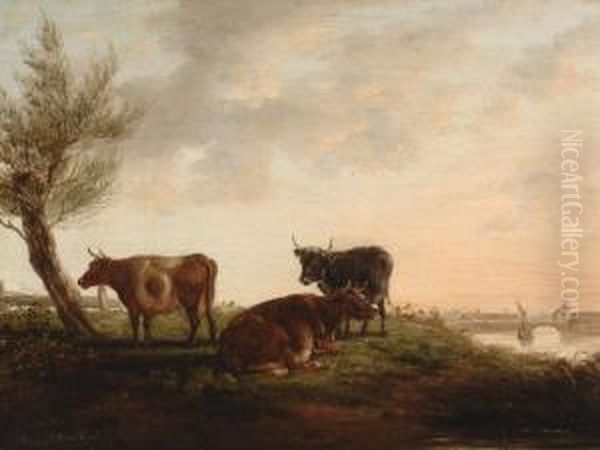 Landscape With Cows Oil Painting by Bruno I Van Straaten