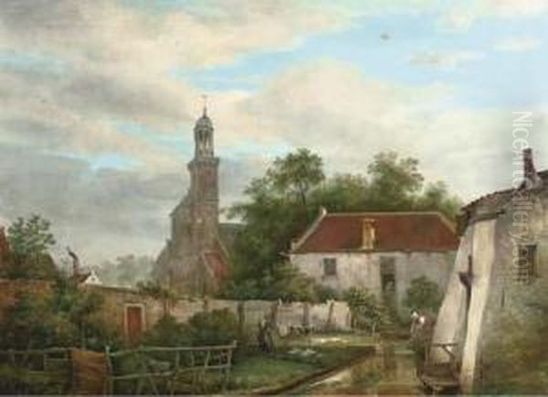 Washing Day In A Dutch Town Oil Painting by Bruno I Van Straaten