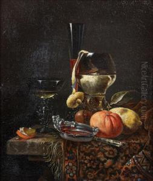 Natures Mortes Aux Verres Et Fruits Disposes Sur Un Entablement Recouvert D'un Tapis Oil Painting by Juriaen van Streeck