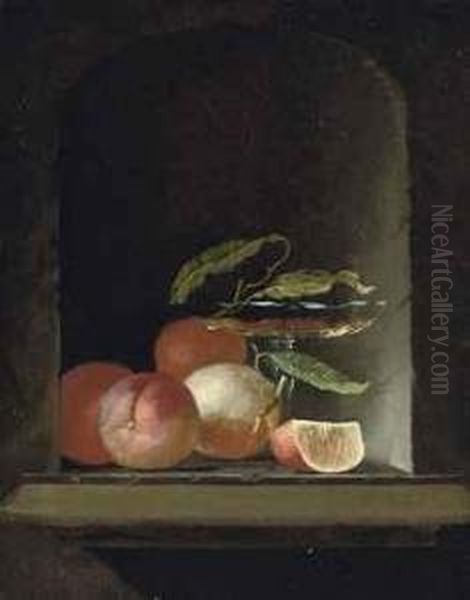 A Glass Roemer, Vine Leaves And Oranges In A Stone Niche Oil Painting by Juriaen van Streeck