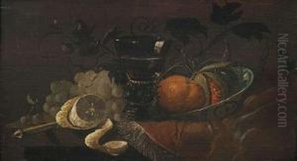 Still-life With Fruits, 
Delftware Bowl And A Glass. Oil Painting by Juriaen van Streeck