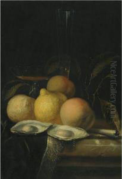 A Still Life With Oysters, Peaches And A Lemon On A Marble Tablewith A Fringed Carpet And Glasses Oil Painting by Juriaen van Streeck