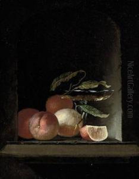 A Glass Roemer, Vine Leaves, And Oranges In A Stone Niche Oil Painting by Juriaen van Streeck