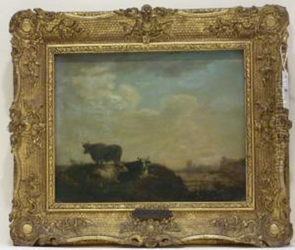 Cattle And Figure In Landscape Oil Painting by Abraham van, I Strij