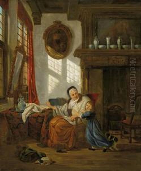 Interieur Mit Grossmutterund Enkelkind Oil Painting by Abraham van, I Strij