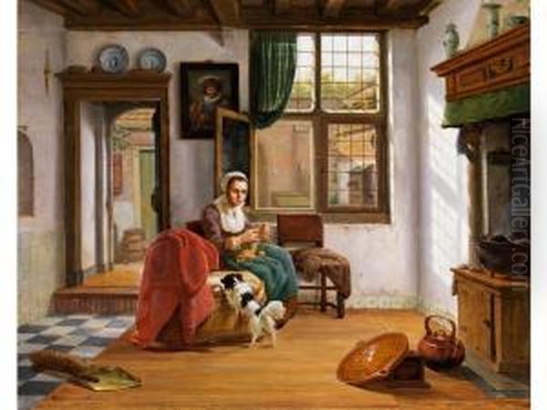 Hollandisches Interieur Mit Strickender Junger Frau Und Hund Oil Painting by Abraham van, I Strij