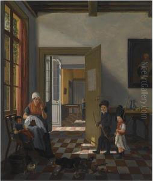 An Interior With A Woman Sewing Oil Painting by Abraham Ii Van Stry