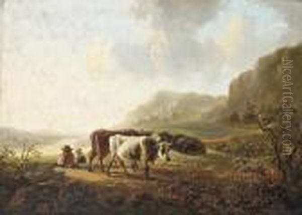 Drovers And Their Herd At Rest On The Bank Of A River Oil Painting by Jacob Van Stry