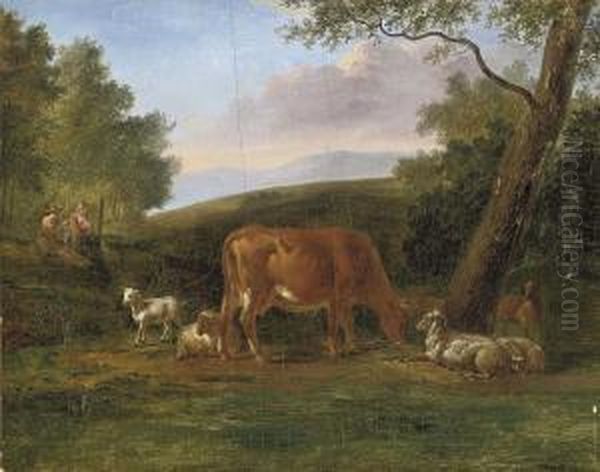 A Wooded Landscape With Grazing Farm Animals And A Shepherdess And Shepherdess At Rest Oil Painting by Jacob Van Stry