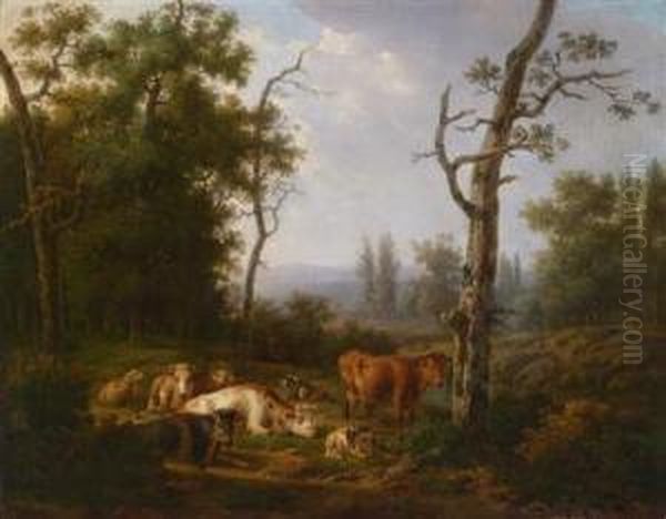 A Wooded Landscape With Restingcattle Oil Painting by Jacob Van Stry