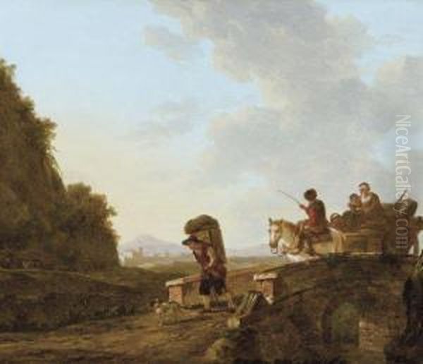 Passants Sur Un Pont Dans Un Paysage Mediterraneen Oil Painting by Jacob Van Stry