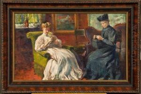 Femmes Tricotant Au Salon Oil Painting by Guillaume Van Strydonck