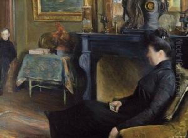 Interieur Avec Mere Et Enfant - Stephanie Van Strydonck, Femme Del'artiste Oil Painting by Guillaume Van Strydonck