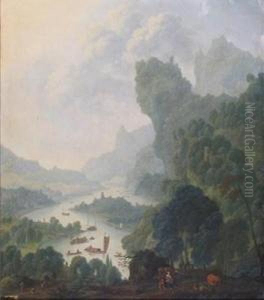 Extensive Wooded River Landscapes, Probably On The Rhine With Numerous Boats And Travellers In The Foreground Oil Painting by Wilhelm Van Swaanenberg