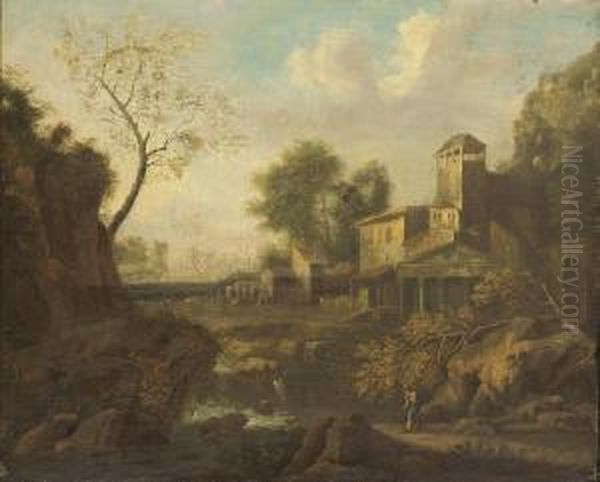 An Italianate Wooded River Landscape With A Traveller On A Track Oil Painting by Herman Van Swanevelt