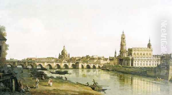 Elbufer Dresden from right below the Augustus Bridge Oil Painting by Bernardo Bellotto