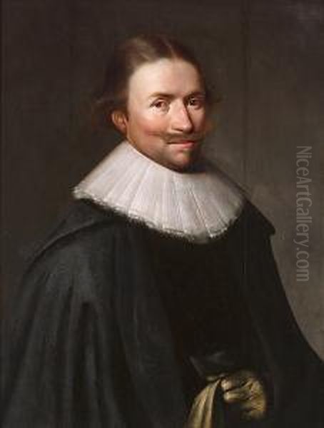 Portrait Of A Gentleman, Half-length, In Black Costume, With A Ruff, Holding A Glove Oil Painting by Jan Van Teylingen