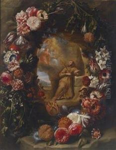 A Floral Garland Surrounding The Vision Ofthe Stigmatized Saint Francis Oil Painting by Jan Philip van Thielen