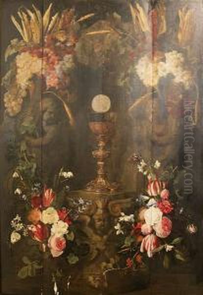 Bloemenguirlande, Druiventrossen En Maiskolven Gedragen Door Putti Rondom Een Cartouche Met Het Heilig Sacrament Oil Painting by Jan Philip van Thielen