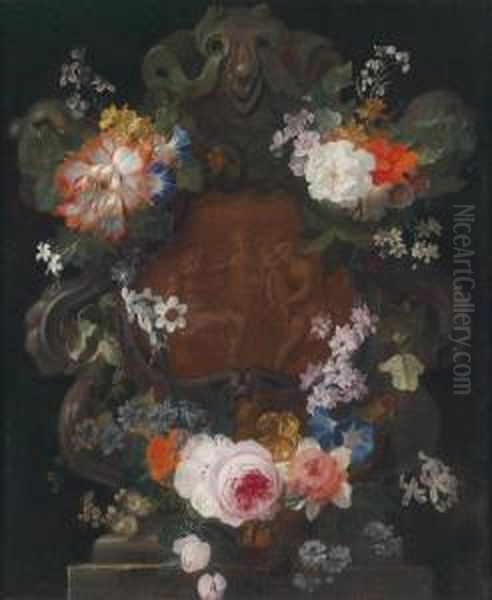 Garland Of Flowers Surrounding A Cartouchedepicting A Bacchanalian Scene Oil Painting by Jan Philip van Thielen