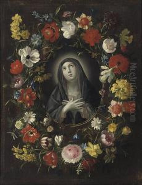 The Madonna In A Floral Cartouche Oil Painting by Jan Philip van Thielen