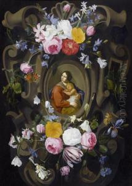 Madonna And Child Within A Garland. Oil Painting by Jan Philip van Thielen