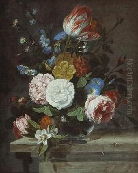 A Still Life Of Peonies, Morning Glories, Atulip And Other Flowers In A Glass Vase On A Stone Ledge Oil Painting by Jan Philip van Thielen