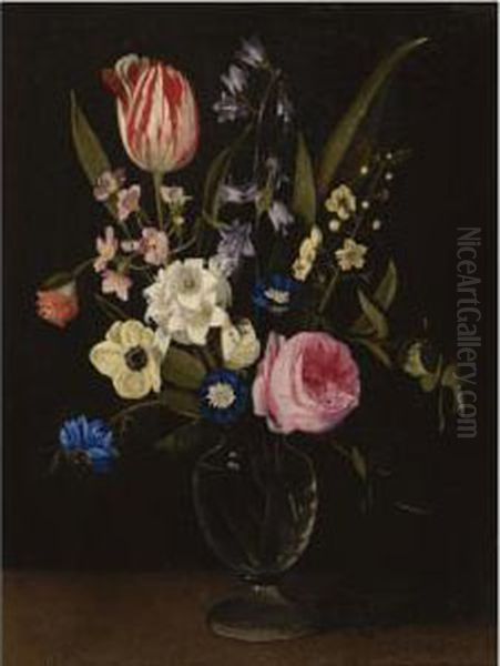 Still Life With A Rose, A Tulip, A Cornflower, Morning Glory, Primuli And Other Flowers In A Glass Vase On A Ledge Oil Painting by Maria Theresia Van Thielen