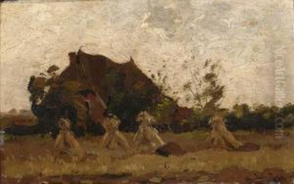 Farm With Sheafs Of Wheat Oil Painting by Hendrik Otto Van Thol