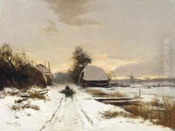 Winter: A Woodgatherer On A Snow Covered Path At Dusk Oil Painting by Hendrik Otto Van Thol