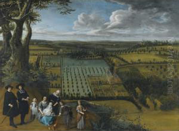 A Family Portrait Said To Be Of The Van Der Witte Family, Depicted On A Rise Overlooking Their Estate Oil Painting by Gillis van Tilborgh