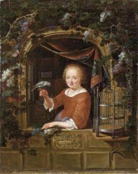 Jeune Fille A La Fenetre, Tenant Un Perroquet. Oil Painting by Dominicus van Tol