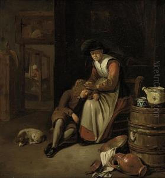 An Old Woman Checking A Young Boy's Hair For Lice Oil Painting by Dominicus van Tol