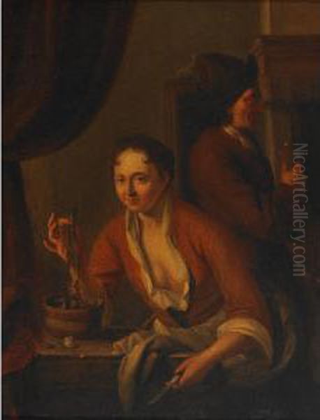 Lady Holding A Herring While A Visitor Savours Thetoast Oil Painting by Dominicus van Tol