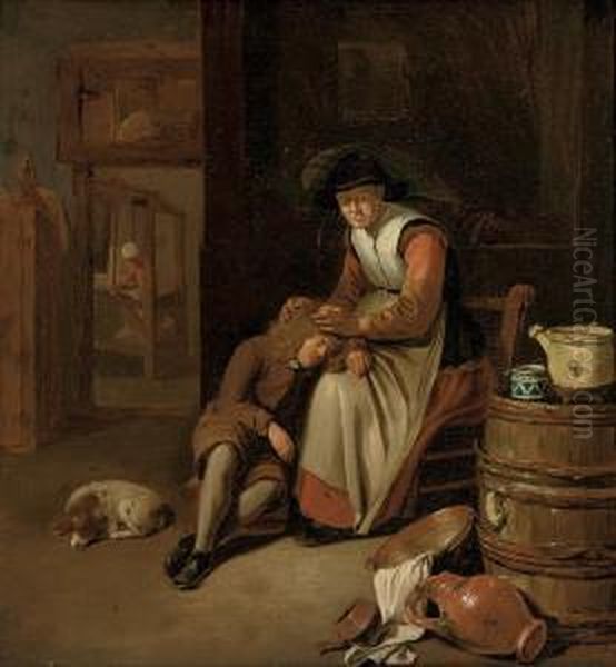 An Old Woman Checking A Young Boy's Hair For Lice Oil Painting by Dominicus van Tol