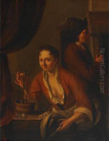 Lady Holding A Herring While A Visitor Savours The Toast Oil Painting by Dominicus van Tol