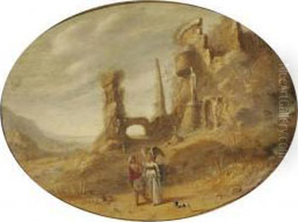 A Rocky Landscape With Tobias And The Angel Near Ancient Ruins Oil Painting by Rombout Van Troyen