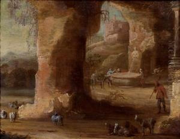 La Halte Du Troupeau Pres D'une Fontaine Oil Painting by Rombout Van Troyen