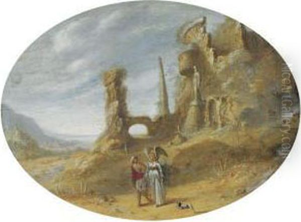 An Italianate Landscape With Tobias And The Angel Near Classicalruins Oil Painting by Rombout Van Troyen