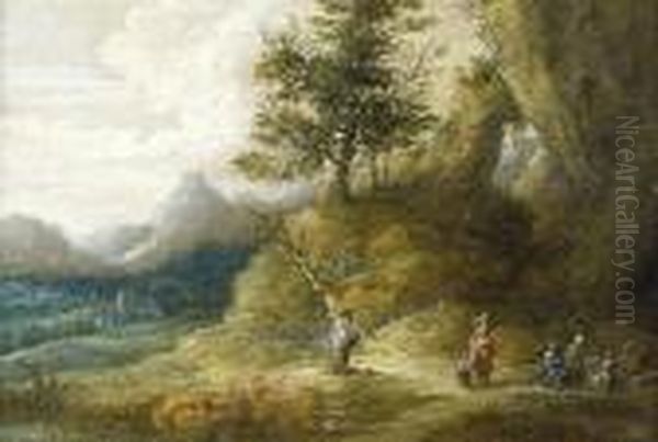 A Mountainous Landscape With Travellers Seated Around A Camp Fire Oil Painting by Lucas Van Uden