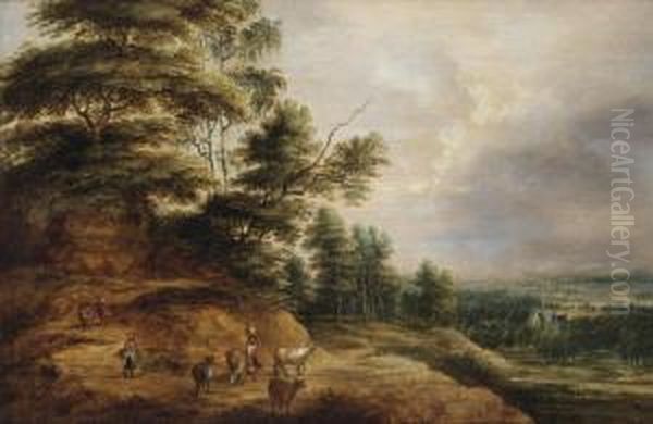 A Hilly Landscape With Peasant Women And Cattle On A Path Oil Painting by Lucas Van Uden